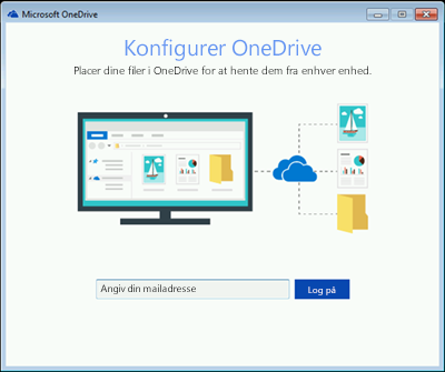Skærmbillede af første skærm i konfigurationen  af OneDrive i Windows 7