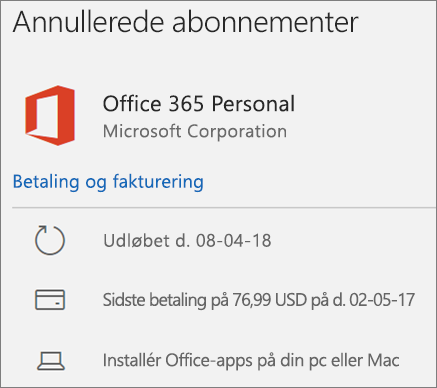 Viser et Office 365-abonnement, der er udløbet