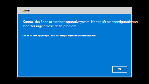 Fejlmeddelelse, der vises, når Surface ikke kan finde et operativsystem, der kan startes fra.