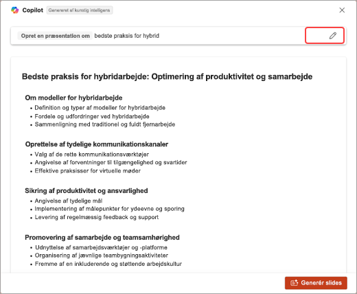 Skærmbillede af liste over emner, der er genereret af PowerPoint Copilot.