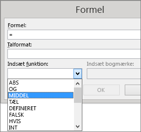 En formels Indsæt-funktioner vises på fanen Layout under Tabelværktøjer.