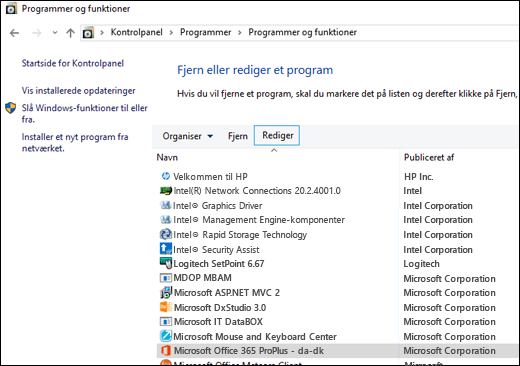 Klik på Skift i appletten Fjern programmer for at starte en reparation af Microsoft Office