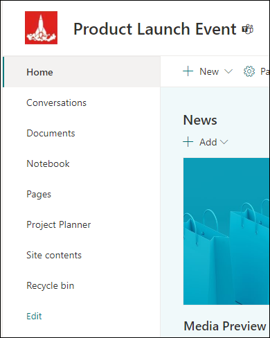SharePoint-teamwebsteds menu til venstre