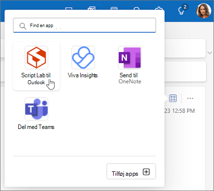 Pop op-menuen Apps fra en meddelelse, der læses i Outlook på internettet og i det nye Outlook til Windows.