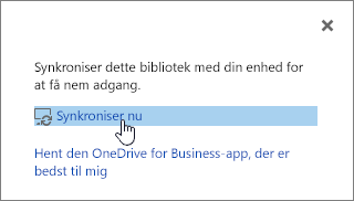 Synkroniser nu dialogboks med Synkroniser nu fremhævet link