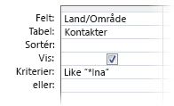 Billede af forespørgselsdesigner med kriterier, der benytter følgende operatorer "like jokertegn in a"