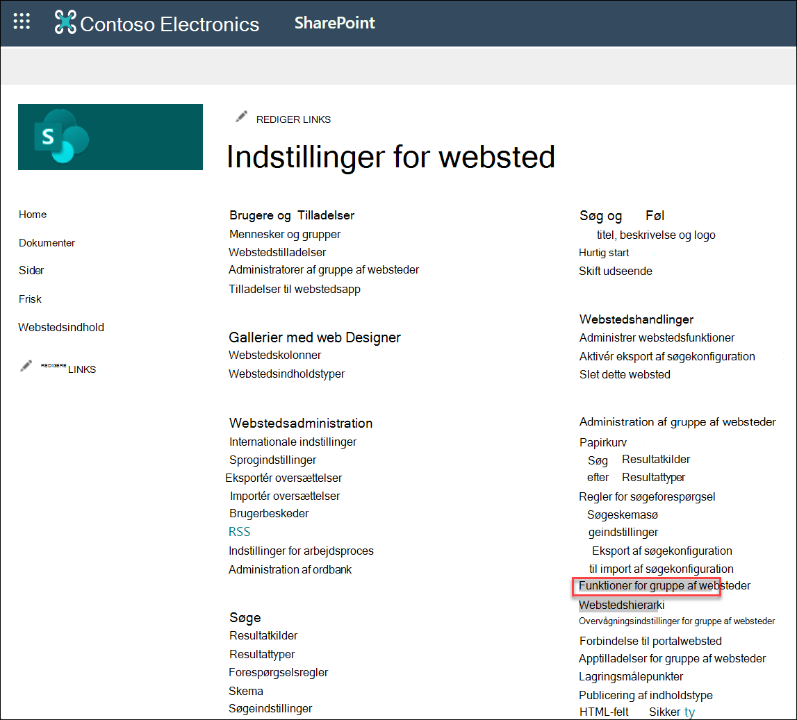 skærmbillede af valg af funktioner for gruppen af websteder