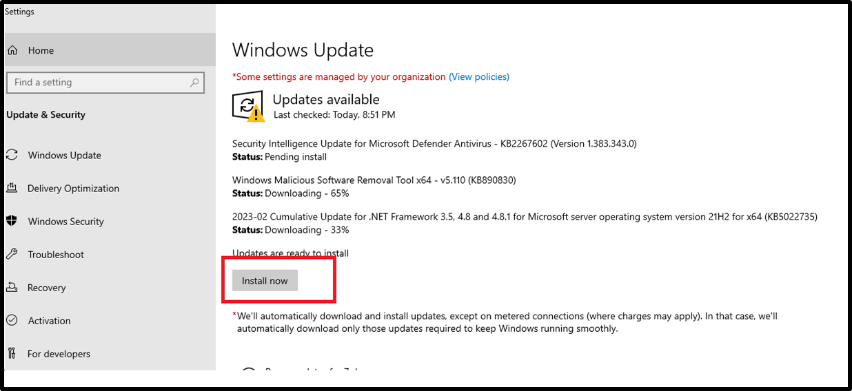 brugergrænsefladen til indstillinger for Windows Update