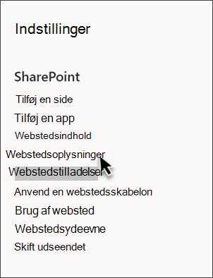 Skærmbillede af SharePoint-indstillinger med Webstedsoplysninger markeret