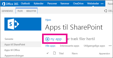 Linket "ny app" i biblioteket Apps til SharePoint i appkataloget