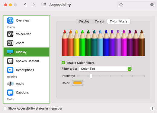 Indstillingen farvefiltre er aktiveret i macOS-indstillinger.
