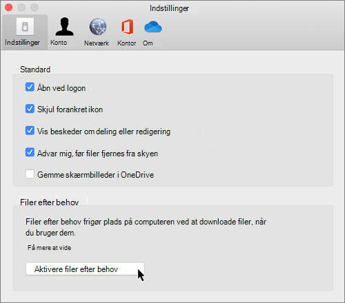 Skærmbillede af Indstillinger i Mac til OneDrive Filer efter behov