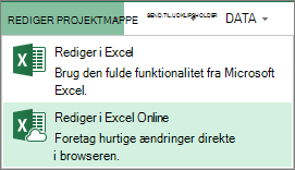 Rediger i Excel Online under menuen Rediger projektmappe