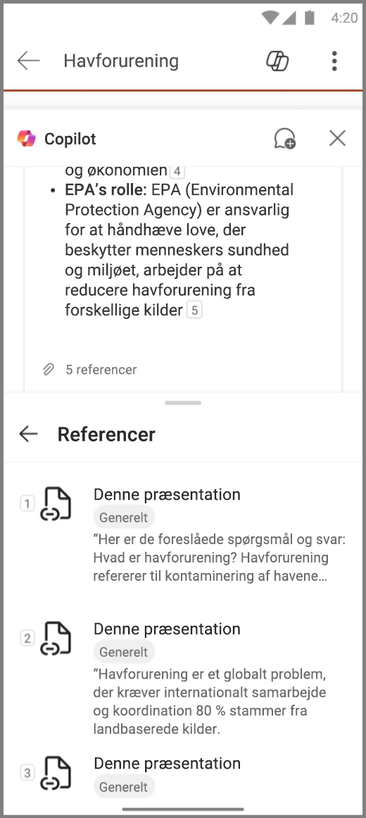 Skærmbillede af Copilot i PowerPoint på en Android-enhed med referencer til svaret Opsummer dette dæk