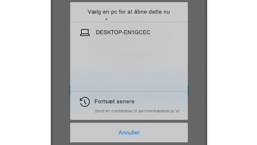 Skærmbillede, der viser Vælg en pc i Microsoft Edge på iOS, så brugeren kan åbne websiden på sin computer.