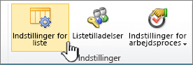 Knappen Listeindstillinger på båndet på siden