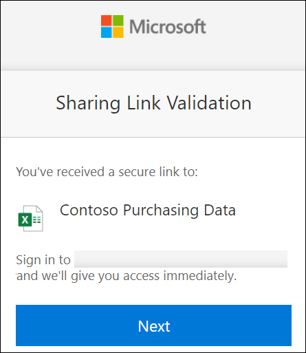 Bekræftelse af eksternt delingslink i OneDrive for at logge på.
