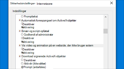 Sikkerhedsindstillinger: ActiveX-kontrolelementer i Internet Explorer