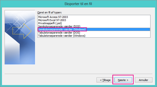 Vælg at eksportere til en .csv-fil (Windows)