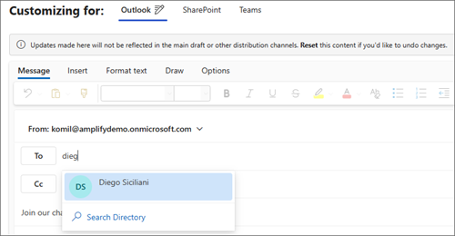 Skærmbillede af feltet Til i Outlook, der viser en mailadresse, der vælges.