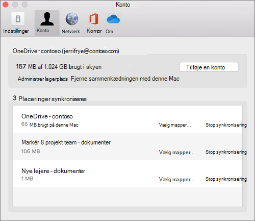 Skærmbillede af fanen Konto på OneDrive-synkronisering-klienten til Mac