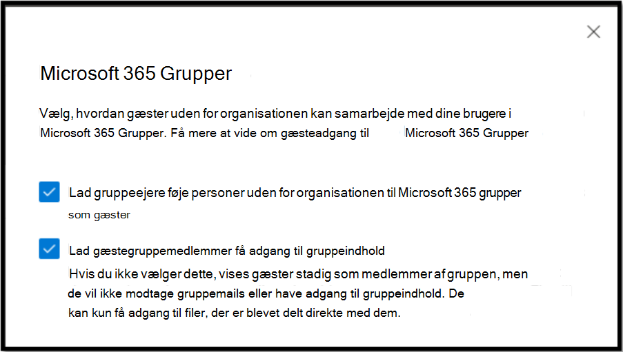 vælg, hvordan gæster uden for organisationen kan samarbejde med dine brugere i Microsoft 365-grupper