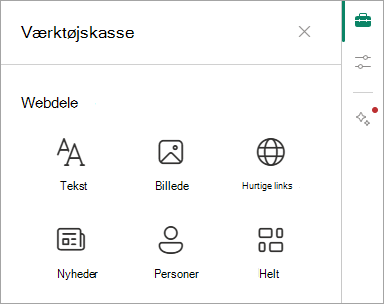 Skærmbillede, der viser værktøjskassen og nogle af de tilgængelige webdele.