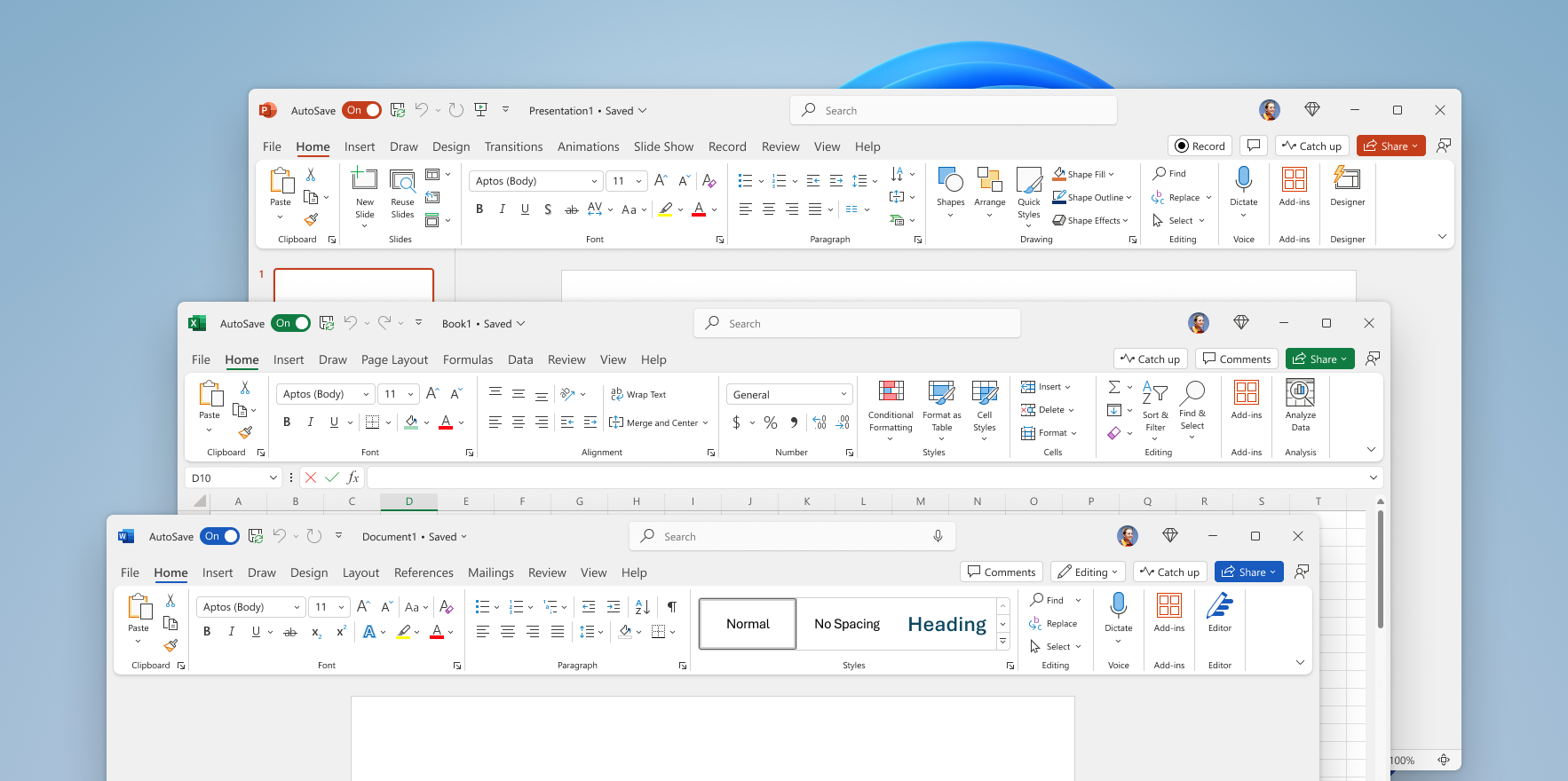 Skærmbillede, der viser PowerPoint, Excel og Word med visuel opdatering på båndet