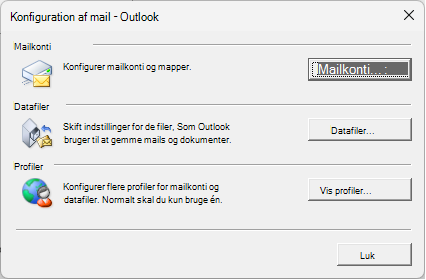 Konfiguration af mail – Outlook-dialogboks, der åbnes via Mailindstillinger i Kontrolpanel.