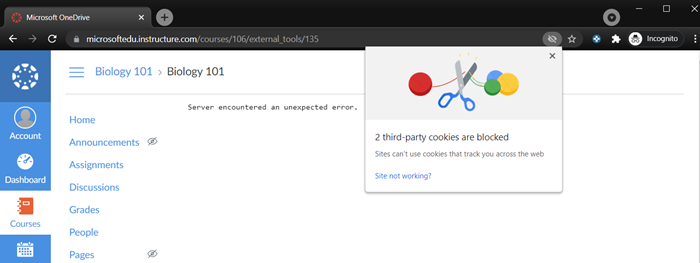 Google Chrome-fejlmeddelelse. Cookies er blokeret