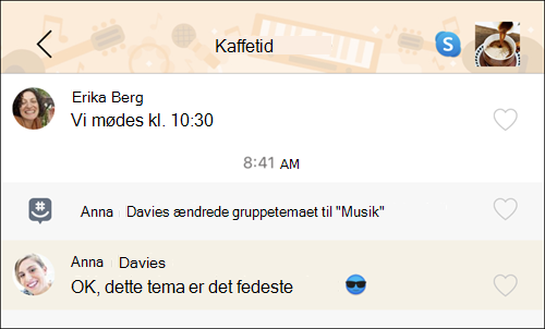 GroupMe-skærmbillede med musiktemaet aktiveret
