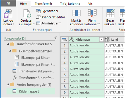 Dialogboks med eksempel på Kombiner binære. Tryk på Luk og indlæs for at acceptere resultaterne og importere dem til Excel.