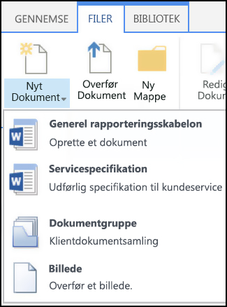 Menuen Nyt dokument med brugerdefinerede indholdstyper i SharePoint