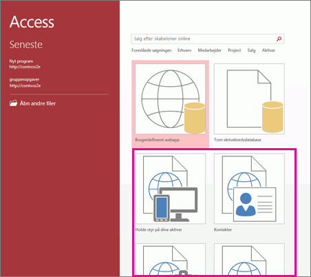 App-skabeloner i startskærmbilledet i Access 2013.