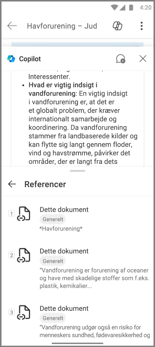 Skærmbillede af Copilot i Word på Android-enhed med referencer til Copilots svar