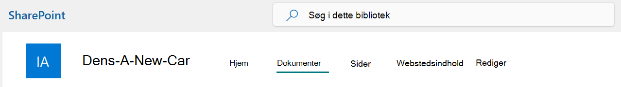 En menu på øverste linje i Et SharePoint-websted med indstillingen Dokumenter markeret.