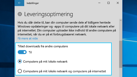 Indstillinger for Leveringsoptimering i Windows 10