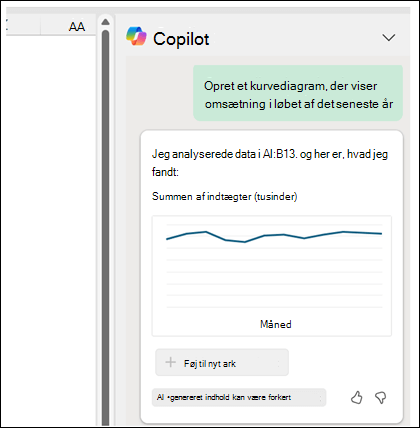 Ruden Copilot viser meddelelsen "Opret et kurvediagram, der viser omsætning i løbet af det sidste år" efterfulgt af et genereret kurvediagram, der viser indtægter.