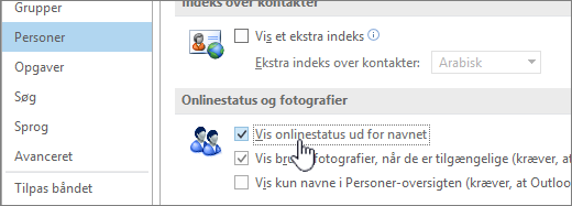 Fanen Personer i dialogboksen Indstillinger med Vis onlinestatus fremhævet