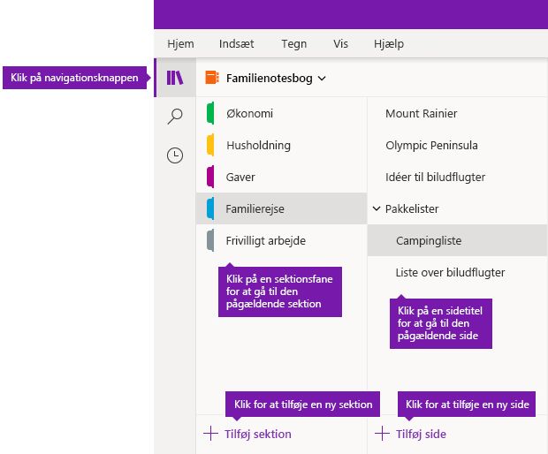 Sektioner og sider i OneNote til Windows 10