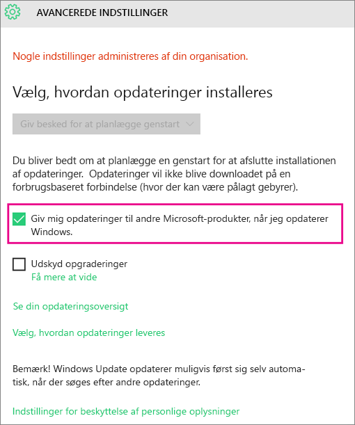 Avancerede indstillinger i Windows Update