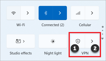 Hurtigindstillinger VPN-til/fra-knappen i Windows 11.