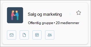 Et gruppekort viser gruppenavnet, antallet af medlemmer og har ikoner for mail, filer, kalender og medlemmer.