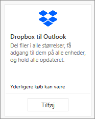 Skærmbillede af flisen til det gratis tilgængelige Dropbox for Outlook tilføjelsesprogram.