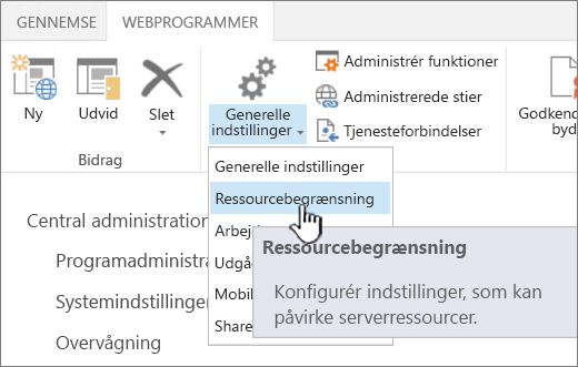 Ressourcebegrænsning for central administration markeret.