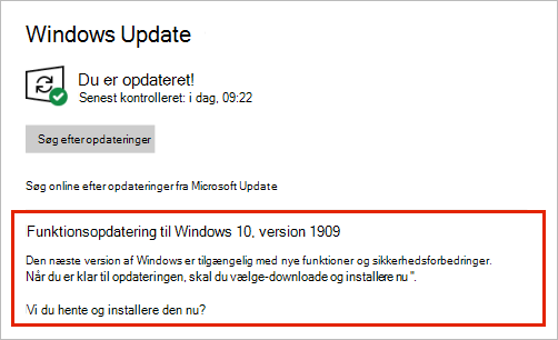 Windows Update, der viser placeringen af funktionsopdateringen