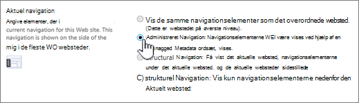 Aktuel navigationssektion med administreret navigation valgt