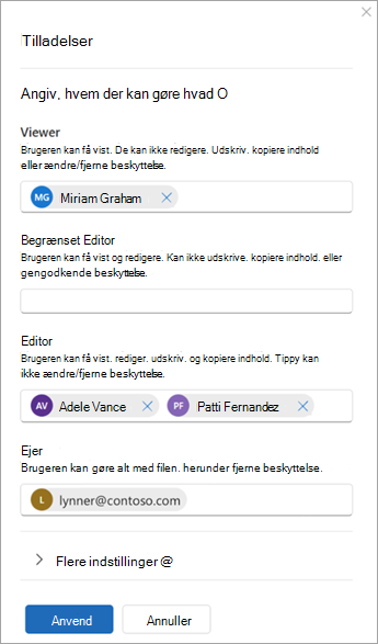 Skærmbillede af en dialogboks med titlen "Tilladelser" med indstillinger til at tilføje brugere som seere, begrænset editor, redaktører og ejere