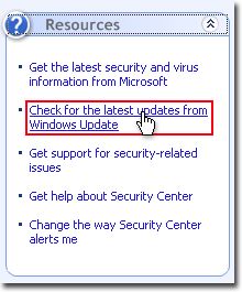 Vælg Start > Kontrolpanel > Security Center > Søg efter de seneste opdateringer fra Windows Update i Windows Security Center.