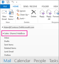Delte postkasser vises i mappelisten i Outlook